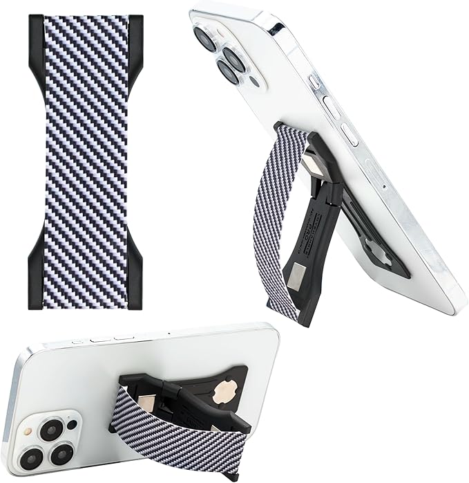 LOVEHANDLE PRO Premium Phone Grip - Silicone Phone Strap - Magnetic Phone Mount and Kickstand for Smartphone and Tablet - Carbon Fiber