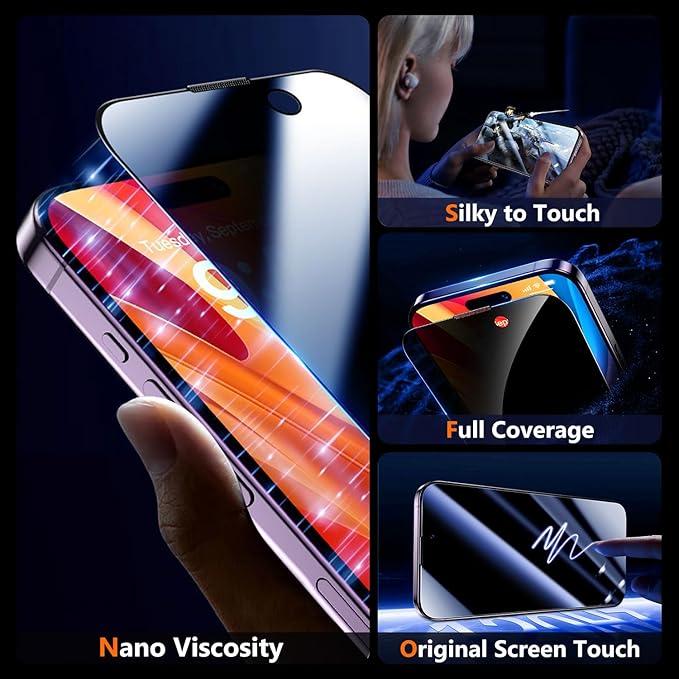 UniqueMe for iPhone 14 Pro Max Privacy Screen Protector - [Military Grade Shatterproof & 9H+ Hardness] Screen Protector 14 Pro Max Tempered Glass Full Coverage Protection, Easy to install, 2 Packs