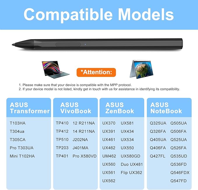 ASUS Stylus Pen for Transformer/Vivobook Flip/Notebook Touchscreen Laptop/Tablet - Rechargeable, 4096 Pressure Sensitivity, Microsoft MPP Protocol, Black