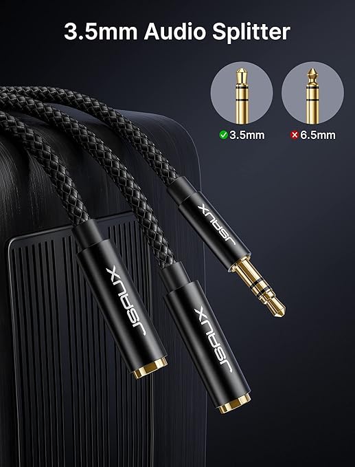 JSAUX Headphone Splitter, Audio Splitter 3.5mm Male TRS to 2 Dual 3.5mm Female Adapter Nylon-Braided Stereo Y Aux Cable for iPhone, Samsung, Tablets, Laptop, PlayStation and More [Black]