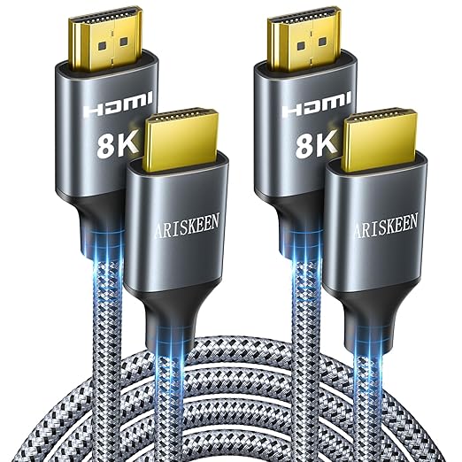 ARISKEEN 8K HDMI Cable 8FT 2-Pack, 48Gbps High Speed HDMI 2.1 Cable, 8K 60Hz, 4K 120Hz 144Hz Support for HDR 10, HDCP 2.2 2.3, eARC, DTS:X, Braided HDMI Cord Compatible with Laptop/HDTV - 8 Feet