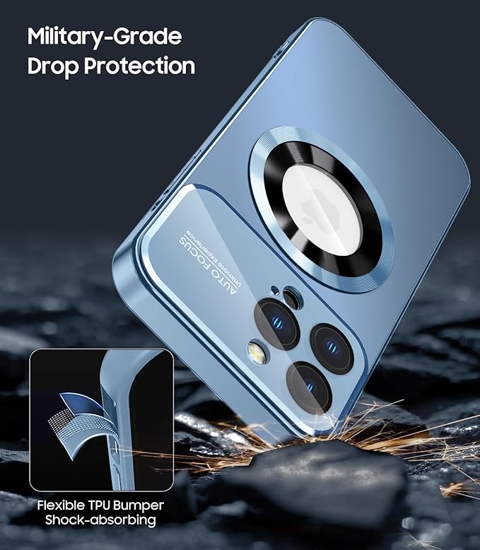 Magnetic for iPhone 13 Pro Max Case, Compatible with MagSafe, Built-in Camera Lens Protector, Logo View, Military Grade Drop Proof Phone Case Cover, Sierra Blue