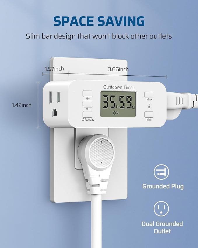 DEWENWILS 36 Hours Countdown Timer Outlet, Timers for Electrical Outlets Indoor, Large Screen & Repeat Function, Grounded Outlet, Auto Shut Off for Fan, Lights, Charger, 125V 60Hz, 1 Pack