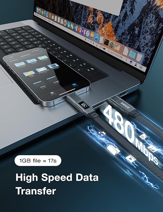 4 in 1 USB C Cable with Wattage Display, 65W Flat Nylon Braided Multi Charge Cable with Data Sync, USB C Charging Cord Combo Type C/USB A/L Port for iPhone/iPad/Samsung/Laptop, 3FT