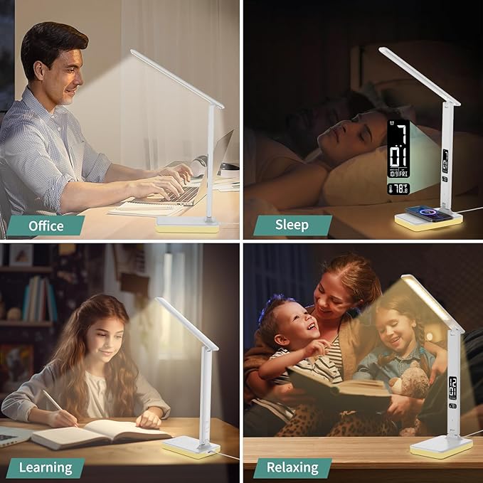 LED Desk Lamp for Home Office, USB Charging Port, Reading Lamp Desk Light with 5 Brightness, 3 Colors, Table Lamp with Clock, Alarm, Date, Temperature, Desk Lamp for College Dorm Room (White)