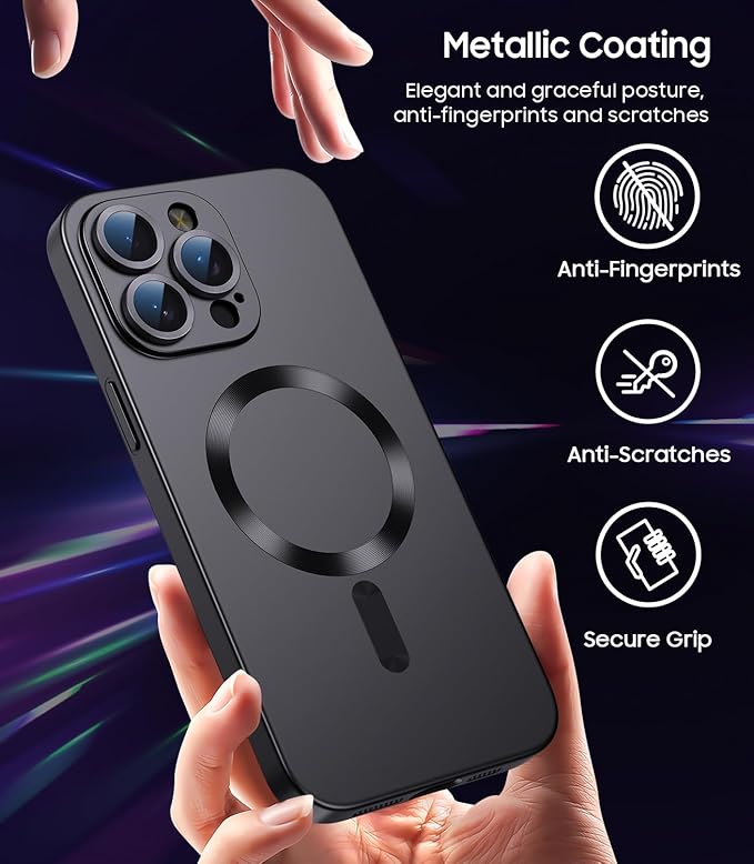 Magnetic for iPhone 15 Pro Case [Compatible with MagSafe][Built-in Camera Lens Protector] Slim Soft Silicone Bumper Shockproof Metallic Shine Phone Case (Black)