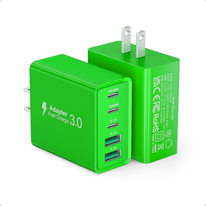 2 Pack 50W USB C Fast Charger Block,5-Port Type C Wall Charger Brick,2 USB A & 3 USB C PD3.0 Power Adapter Multiport Charging Plug Box for iPhone 12/13/14/15/16,Pad Mini/Pro, Cellphones(Green)