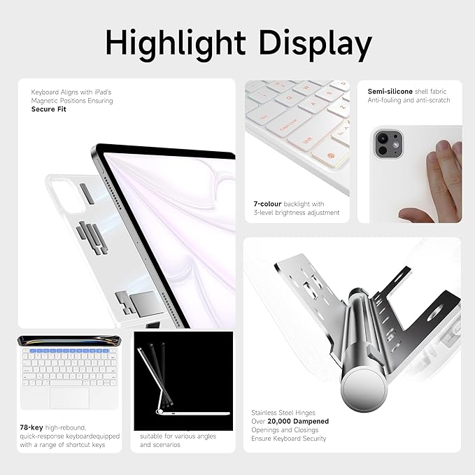 nimin Keyboard Case for iPad Pro 13 inch 2024 (M4), Multi-Touch Trackpad, Magnetic Attach, 7-Color Backlight, Auto Sleep/Wake, Snow White