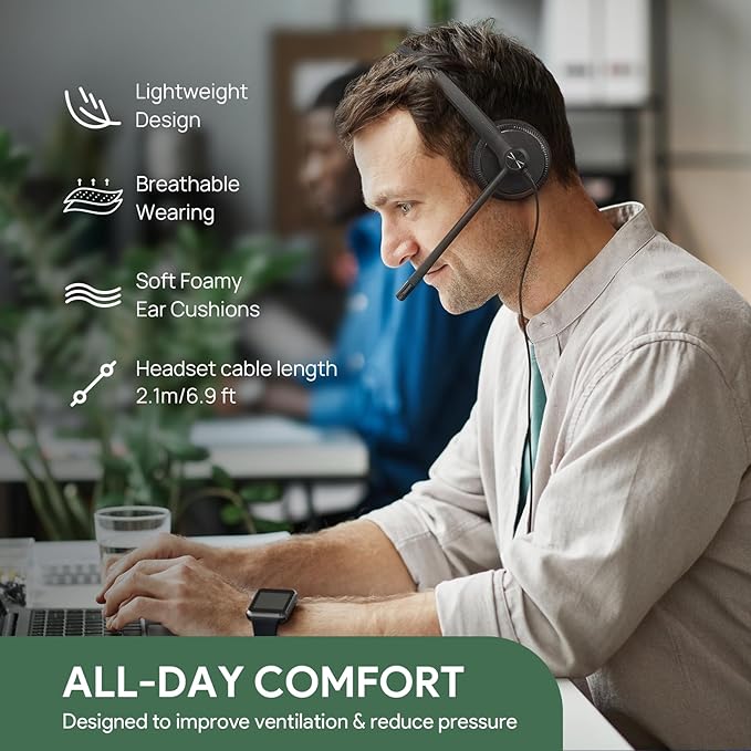 Yealink UH34 USB Headset with Mic,Stereo Wired Headphones with Noise Cancelling Microphone,Professional Work Headset VoIP Phone PC Computer Call Center Office(Ultra Light)