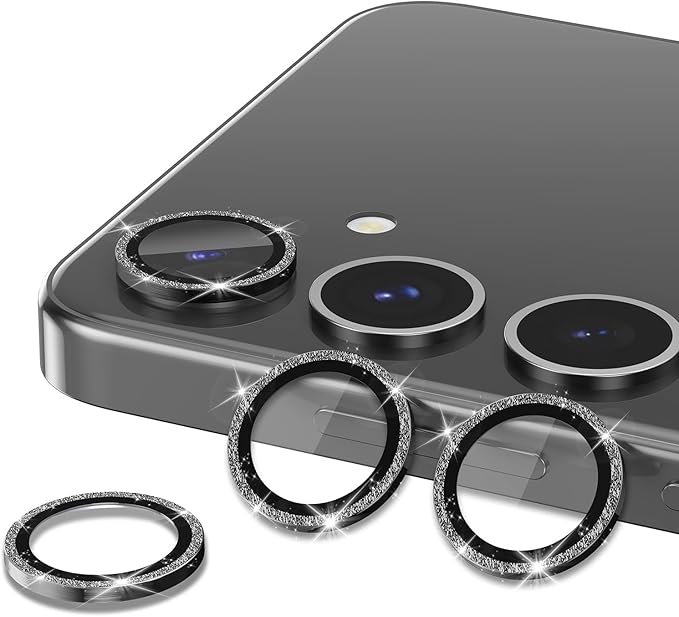 for Samsung Galaxy S25 Camera Lens Protector, Individual Metal Ring Tempered Glass Lens Cover, [Strong Adsorption] Scratch Resistant Ultra-Thin HD Clear Lens Cover, 1 Set-Black Sparkly