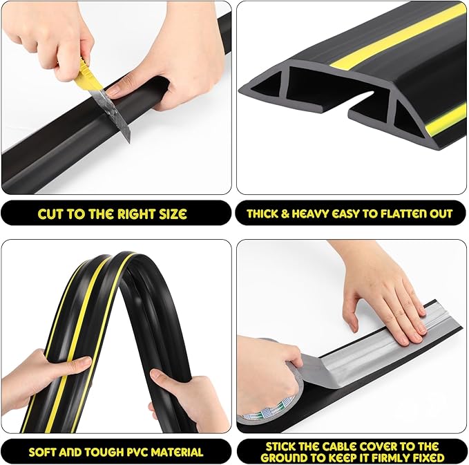 Pangda 20 FT Floor Cable Cover Heavy Duty Cord Cover Protector Power Cable Protector Soft Extension, Organize and Protect Wire on Floor for Home Office or Outdoor Settings (Black, Yellow)