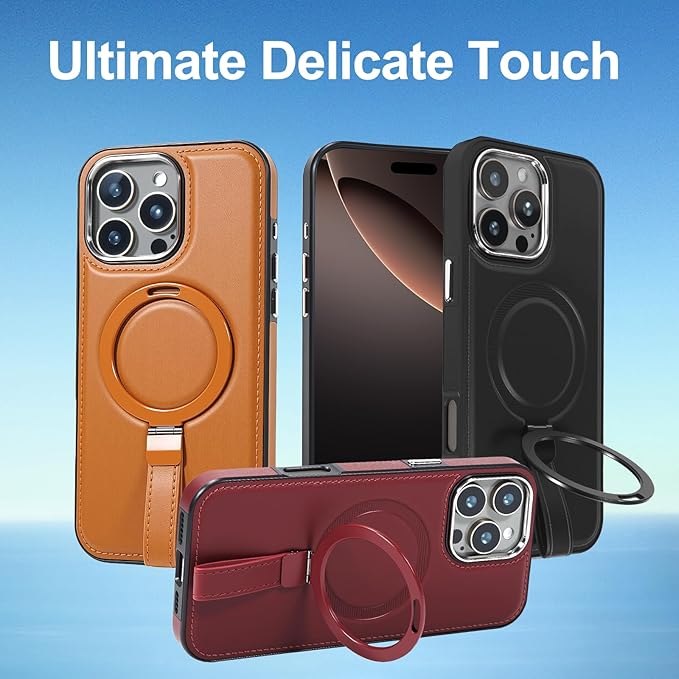 Leather Case, Suitable for iPhone 16 Case, Invisible Magnetic Design, Equipped with a Lanyard and Foldable Stand, Black, Yellow and red (Red, iPhone 16)