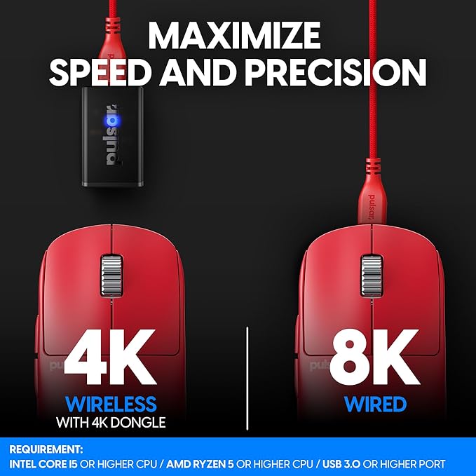 Pulsar Gaming Gears - X2H ES Wireless Gaming Mouse, Limited Edition, Symmetrical, Optical Switch, OLED Display, Driverless, PAW3395 Sensor, 100H Battery, 4K dongle Included (Medium, Red)