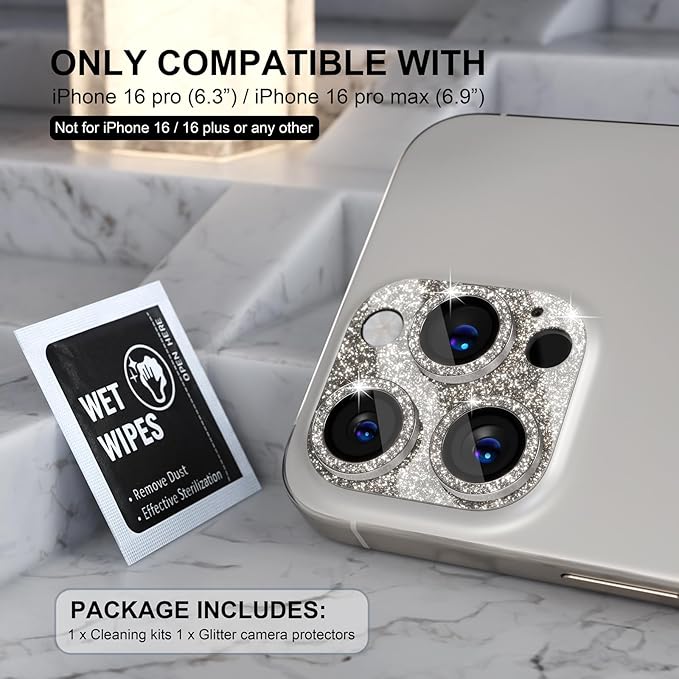 Choiche Compatible for iPhone 16 Pro/iPhone 16 Pro Max Camera Lens Protector, Bling Camera Cover with 9H Tempered Glass Lens Screen Protector Metal Ring Accessories (Glitter-Titanium Natural)