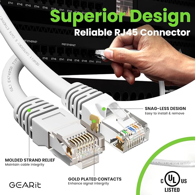 GEARit Cat 6 Ethernet Cable (1-Pack 1 Foot) Cat6 Network Patch, 10Gbps, RJ45, Snagless Cord, Gold-Plated Connectors, Internet for PC, TV, Tablet, Router, Printer, Servers, IT Data Center - White