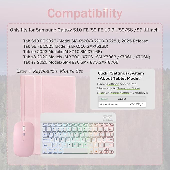 Keyboard Case for Samsung Galaxy Tab S10 FE / S9 FE 10.9 inch/Tab S9 / S8 / S7 11 inch - with 3 Color Backlit Mouse Detachable Keyboard Case
