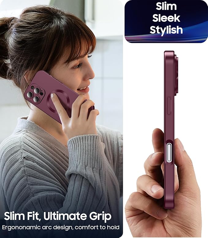Magnetic for iPhone 16 Pro Case [Compatible with MagSafe][Built-in Camera Lens Protector] Slim Soft Silicone Bumper Shockproof Metallic Luster Phone Case (Burgundy)