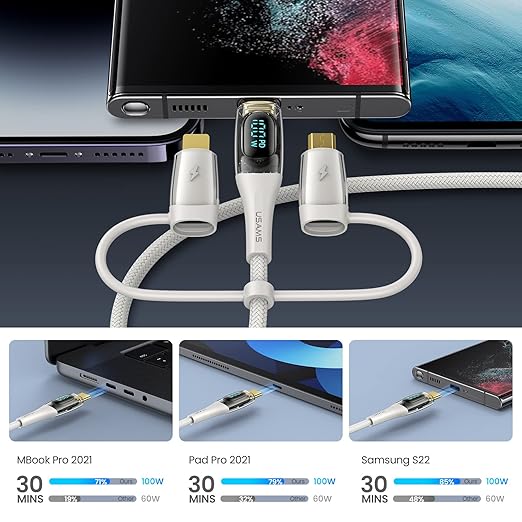 USB C to Multi Charging Cable, USAMS 100W 4FT 5A Type C to Type C Fast Charger Charging Cord with LED Display 5-in-1 C/A to C/Micro/IP Sync Charger Adapter Compatible for Laptop/Tablet/Phone