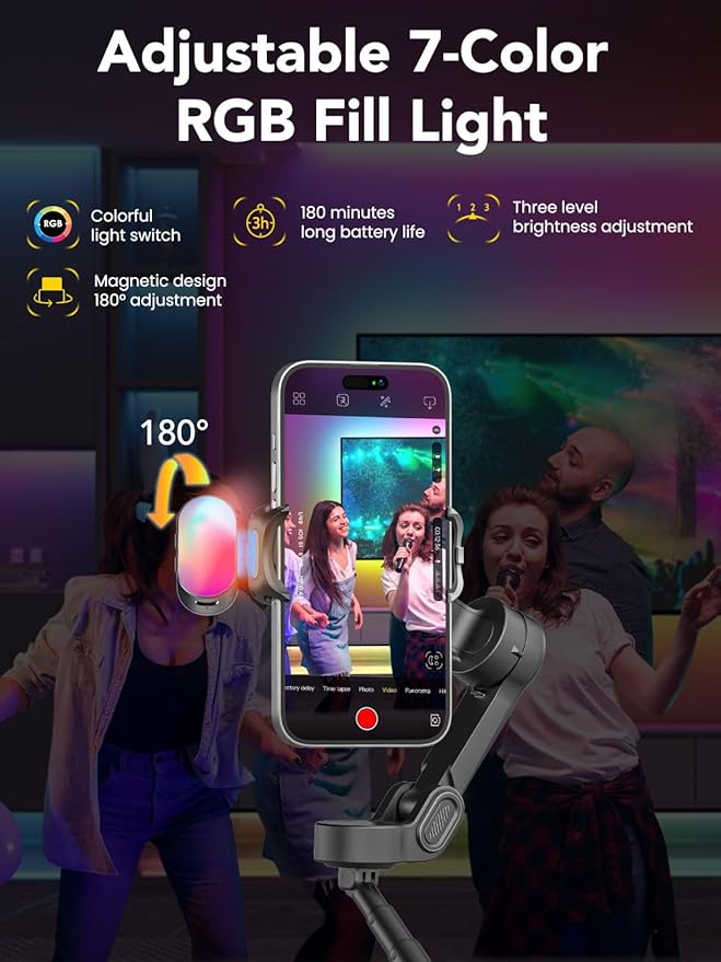 Smart X2 Smartphone Gimbal Stabilizer with 360°Rotation,OLED Display,Built-in 20cm Extension Rod Selfie Stick,Adjustable 7-Color RGB Fill Light, Ideal for Night Video Shoots,X2 KIT Black