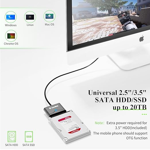 WAVLINK SATA to USB Type-A Hard Drive Cable, 5Gbps USB3.0 to Sata Cable Support UASP, External Hard Drive SATA I/II/III Connector 2.5" SSD/HDD and 3.5" HDD up to 20TB