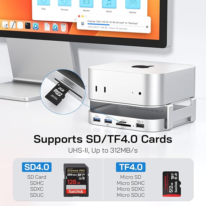M-ac Mini M4 Dock with 4TB Sam-Sung T7 Portable SSD Enclosure(SSD NOT Included), 7-in-1 Aluminum Hub & Stand for Mac mini M4 and M4 Pro 2024, 10Gbps USB A 3.2, 15CM USB C Cable, SD/TF 4.0 Card Reader