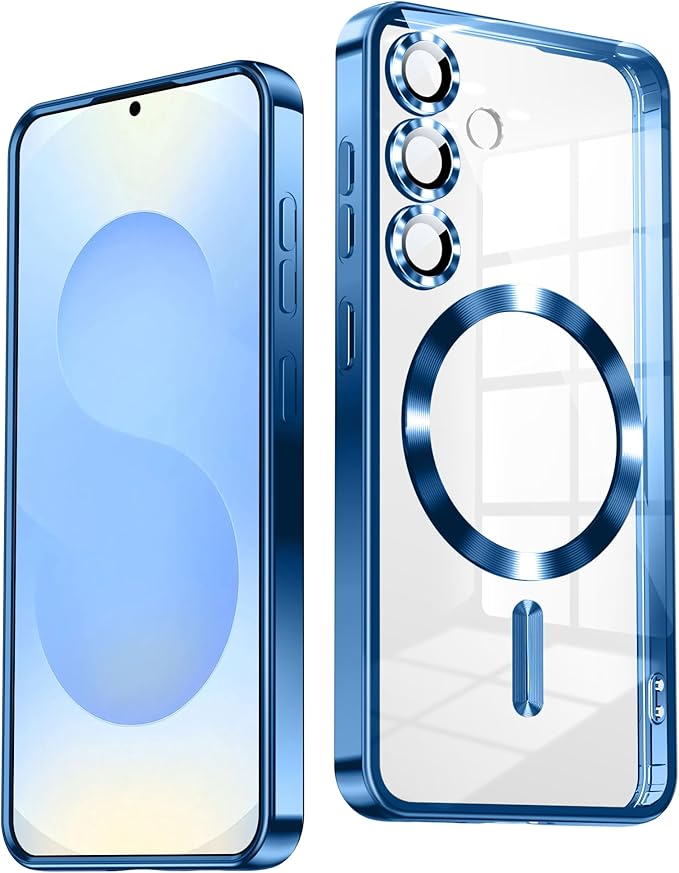 Slim Thin for Samsung Galaxy S25 Case, Compatible with MagSafe, Built-in Camera Lens Protector, Shockproof Protective Phone Case, Soft Electroplated Clear Phone Cover, Sapphire Blue