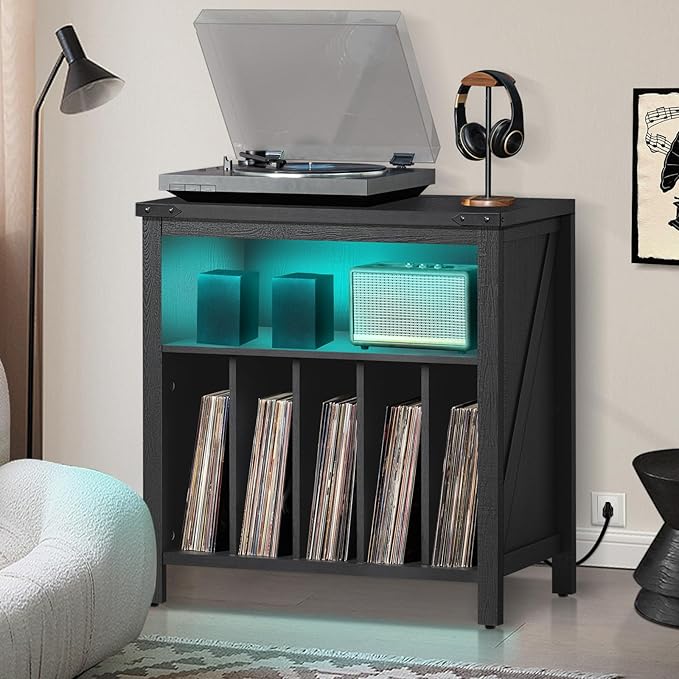 Large Record Player Stand with Charging Station & LED Lights, Vinyl Records Storage Holder Cabinet Holds up to 230 Albums, Turntable Stand for Music Room, Bedroom, Living Room, Office (Black)
