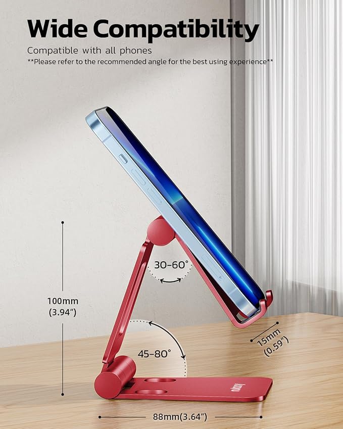 Nulaxy Dual Folding Cell Phone Stand, Fully Adjustable Foldable Desktop Phone Holder Cradle Dock Compatible with iPhone 17 16 15 14 13 12 11 Pro Max Xs Xr X 8, Nintendo Switch, All Phones - Red