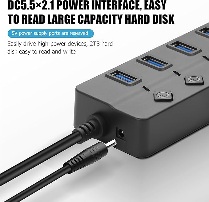 90 Degree USB Hub Splitter YACSEJAO USB 2.0 Data Hub with Individual LED Button On/Off Switch DC5.5 * 2.1 Power Port for Laptop,PC Computer (4 Ports, 1M)