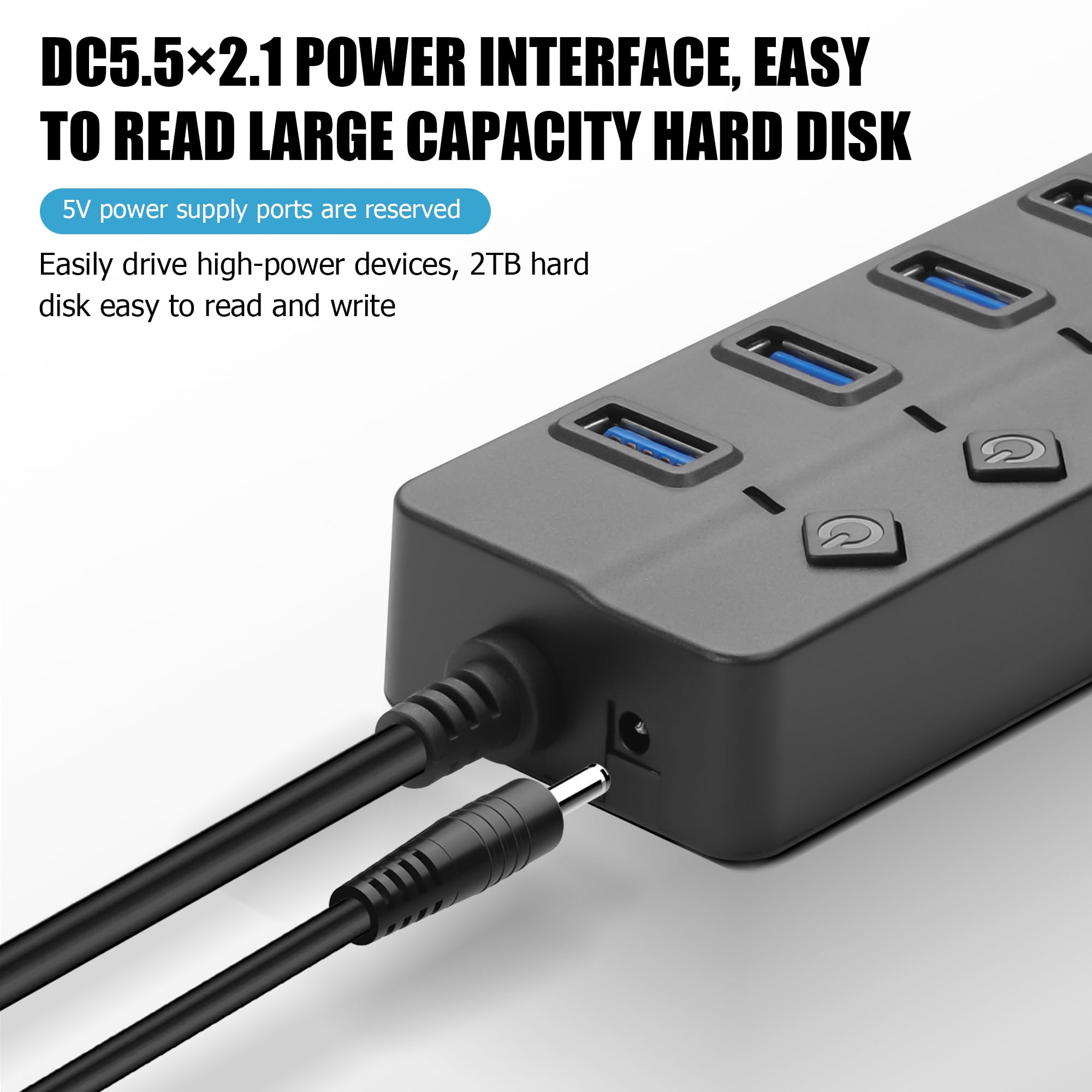 90 Degree USB Hub Splitter YACSEJAO USB 2.0 Data Hub with Individual LED Button On/Off Switch DC5.5 * 2.1 Power Port for Laptop,PC Computer (4 Ports, 0.3M)