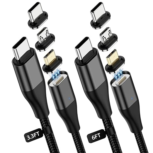 YKZ 3 in 1 Magnetic USB C to C Cable, Magnet Charging Cable, [3.3FT+6.0FT] PD 60W Fast Charger Nylon Braided Cord Compatible with Type C and Android Devices (Black)