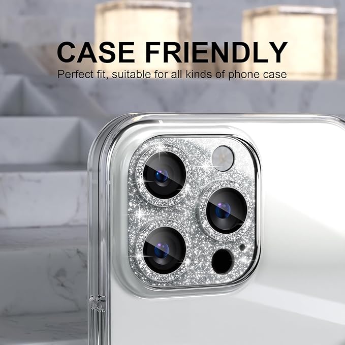 Choiche Compatible for iPhone 16 Pro/iPhone 16 Pro Max Camera Lens Protector, Bling Camera Cover with 9H Tempered Glass Lens Screen Protector Metal Ring Decoration Accessories (Glitter-Silver)