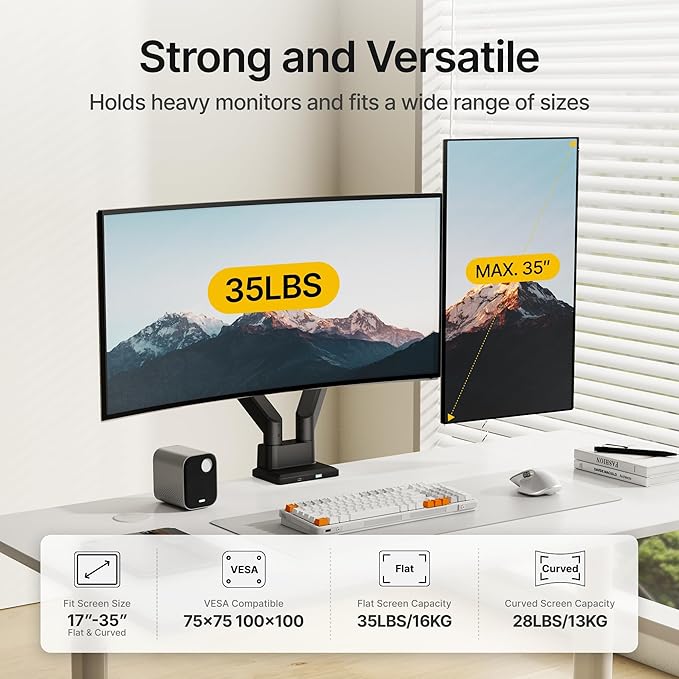 monTEK Dual Monitor Mount with USB Monitor Arms for 2 Monitors for 17 to 35 Inch Curved Screen Holds 35 Lbs Adjustable Heavy Duty Monitor Desk Mount Cable Management, VESA 75/100mm, MA1007UCBK-D