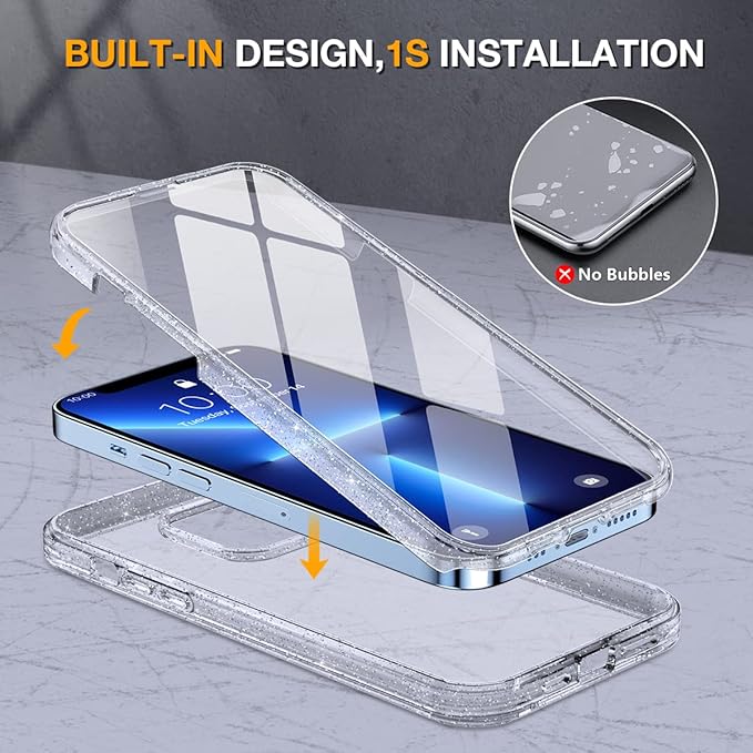 Miracase Glass Case for iPhone 13 Pro Max 6.7 inch, Upgrade Full-Body Clear Bumper Case with Built-in 9H Tempered Glass Screen Protector for iPhone 13 Pro Max, Clear Glitter