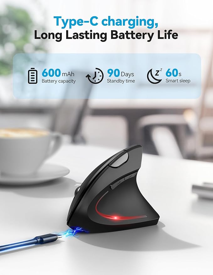 TECKNET Ergonomic Mouse, Rechargeable 2.4G+Bluetooth Vertical Mice 6 DPI Adjustable, Wireless Optical Carpal Tunnel Mouse for Right Hand, Silent 6 Buttons for Laptop, PC, MacBook, iPad - Black