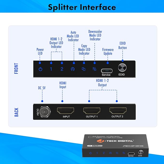 J-Tech Digital HDMI Splitter 1 in 2 Out 4K@60Hz, 1x2 HDMI Splitter for Duplicate/Mirror Screen 4K to 1080P Downscaling Function 3 EDID Settings (JTECH-SP12M18G)