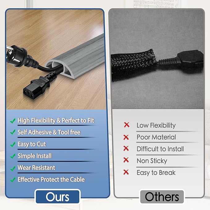 Floor Cord Cover for Wires on Floor Self Adhesive Cord Hider Floor Cable Management Wire Covers for Cords Protector Prevent Cable Trips Cord Cavity W 0.47" x H 0.27", Gray Wood, 20Ft