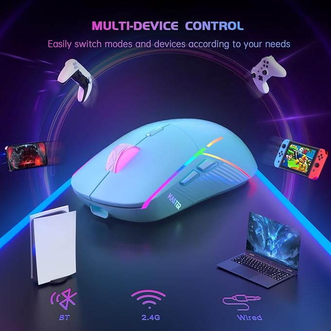 FFJ Wireless Gaming Mouse, 24000 DPI, Tri-Mode 2.4G/USB-C/Bluetooth 5.3 Gaming Mouse Wireless, RGB Programmable Mouse Gamer, 75Hrs Battery Life, Rechargeable Gaming Mice for PC, Mac, PS5, Xbox - Mint