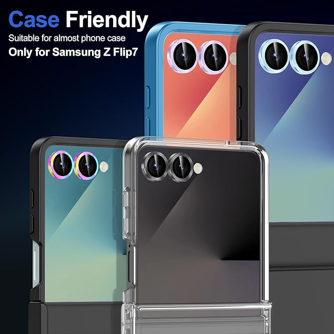 for Samsung Galaxy Z Flip 7 Camera Lens Protector, Individual Metal Ring Tempered Glass Lens Cover, [Strong Adsorption] Scratch Resistant Ultra-Thin HD Clear Lens Cover, 1 Set-Colorful