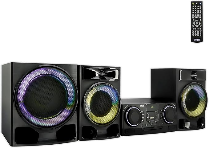 Pyle Mini Hi-Fi Bluetooth Stereo System – 4-Piece CD Player with Speakers, MP3, FM Radio, USB Recording, Subwoofer, DSP-Tech, Equalizer Settings, Compact Home Stereo System with Remote Control (Black)