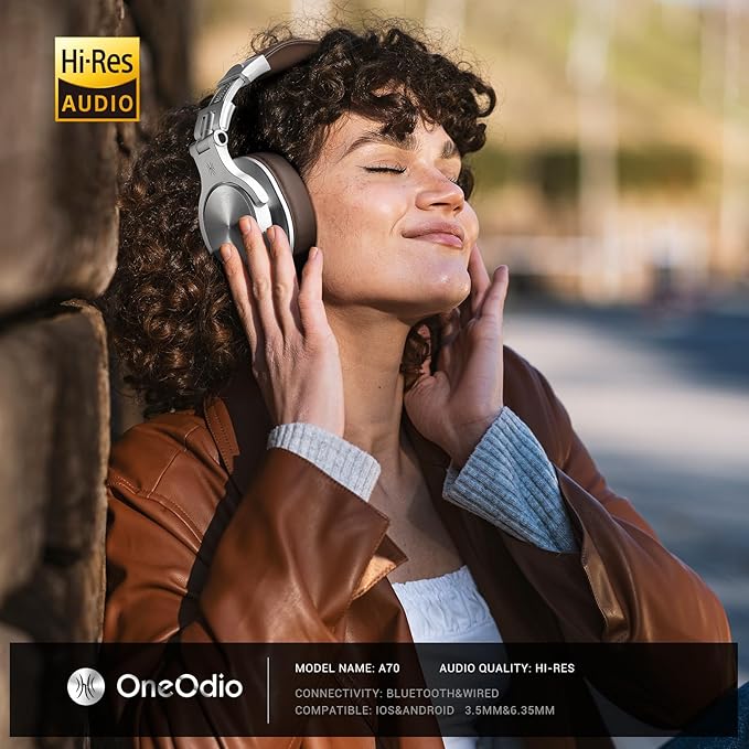 OneOdio A70 Bluetooth Over Ear Headphones, Wireless Headphones w/ 72H Playtime, Hi-Res, 3.5mm/6.35mm Wired Audio Jack for Studio Monitor & Mixing DJ E-Guitar AMP, Computer Laptop PC Tablet - Silver