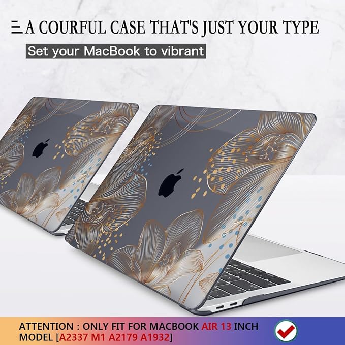 CISSOOK for MacBook Air 13 inch Case 2021 2020 2019 2018 Model M1 A2337 A2179 A1932, Black Hard Shell Case & Keyboard Cover & Screen Protector for MacBook Air 13 with Touch ID, Gorgeous Gold Floral