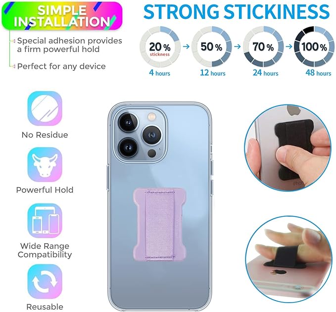 Universal Phone Grip for Smartphones - Phone Holder for Hand for Back of Phone - Wireless Charging Compatible (Black Purple) 2PC