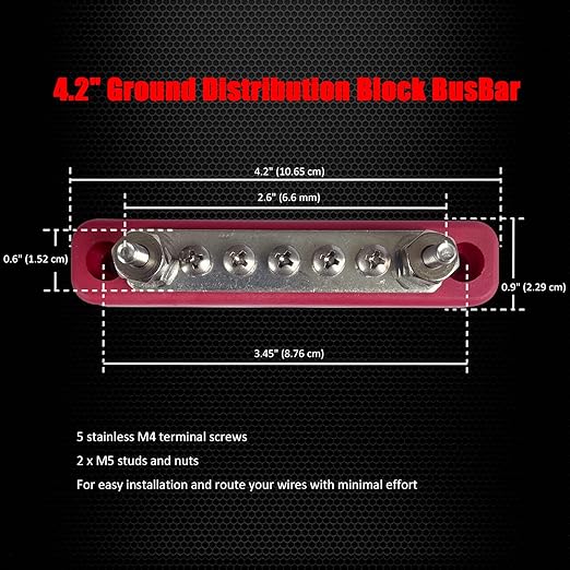 2 x #10 (M5) Studs Power Distribution Block with 5 x #8 (M4) Screws, Ampper 4.2" Bus Bar 12V Power Distribution Terminal Block Battery Busbar for Car Audio Solar (Red)
