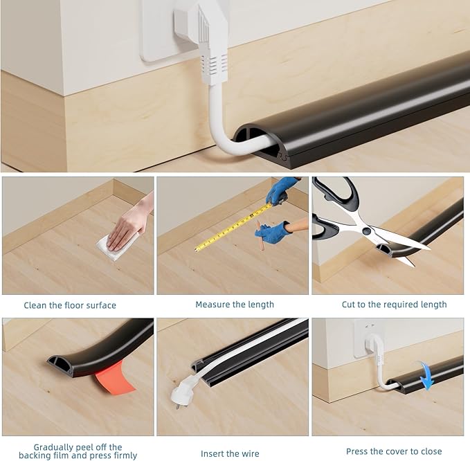 6ft Side Buckle Floor Cord Cover for Wires, Selfadhesive Extension Cord Hider Easy Floor Cable Management Prevent Cable Trips,Silicone Floor Wire Covers for Cords, Cable Protector Cord Cavity（Brown）