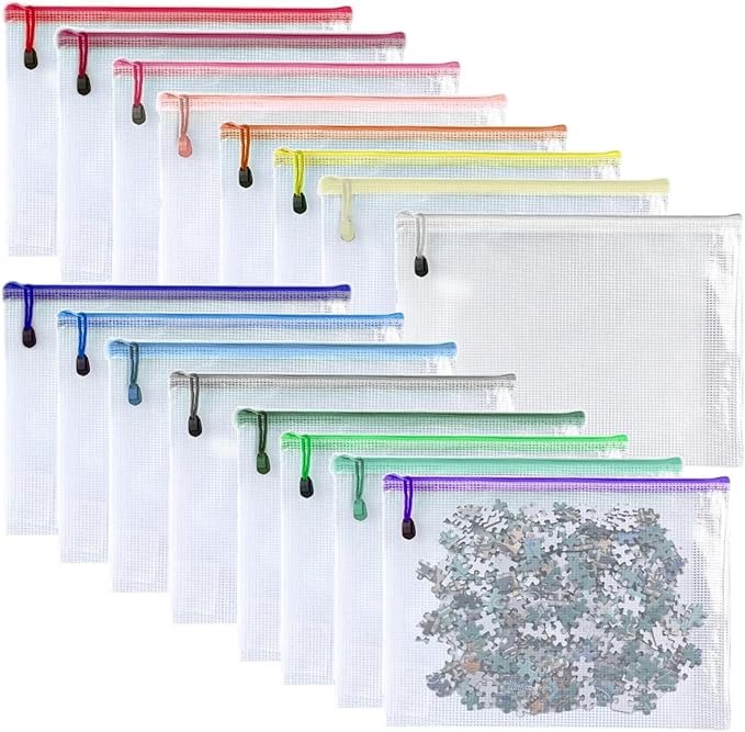 Oaimyy-16Pcs, Mesh Zipper Pouch Document Folders Bag & Plastic Zip File Folders for School Office Supplies, Travel,Puzzles Games Organizing Storage (Inches, MultiSize)
