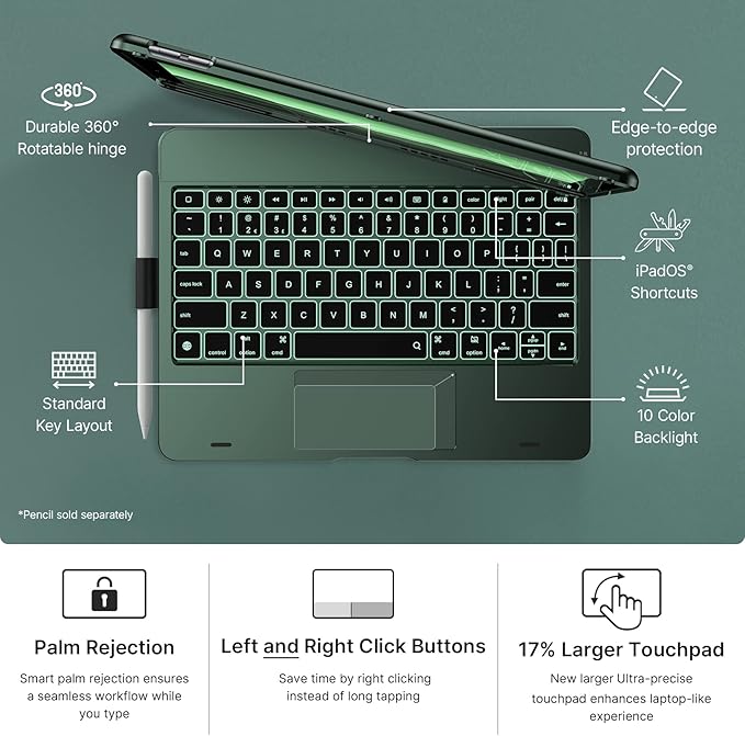 typecase Touch iPad 9th Generation Case with Keyboard (10.2", 2021), Multi-Touch Trackpad, 10 Color Backlight, 360° Rotatable, Thin & Light for iPad 8th Gen, 7th Gen, Air 3, Pro 10.5 (Midnight Green)