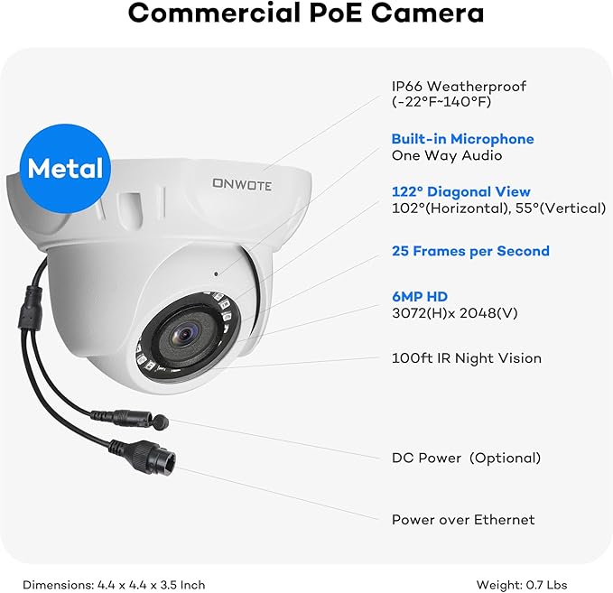 ONWOTE 16 Channel NVR PoE Security Camera System, 12MP 4K 16CH Commercial NVR 4TB, 16x 6MP Wired Outdoor 122° IP Cameras with Audio, AI Detection, 16x Cables (Total 1280ft), CCTV for Business Home