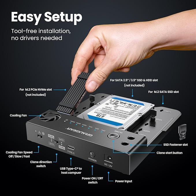 GRAUGEAR SATA SSD/HDD to M.2 NVMe Docking Station, USB-C 10Gbps Clone Station for M.2 NVMe SSD to SATA 2.5”/3.5” SSD & HDD Converter, Offline Cloning, Tool-Free, Built-in Cooling Fan