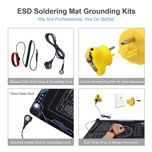 KooMall 24x16 Inch Anti Static Rubber Mat Kit for ESD Sensitive Electronic Device Repair, Soldering, PC Building, Assembly, Table Work, With Grounding Plug Cord, Antistatic Wrist Strap, Heat Resistant